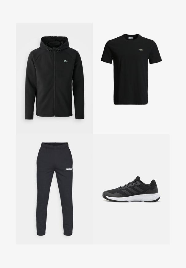 Juodas gobtuvinė striukė, pagaminta iš minkštos, tamprios medžiagos. Su priekiniais užtrauktukais, šoniniais kišenėmis ir mažu žaliu Lacoste logotipu ant krūtinės.; Juodas medvilninis marškinėliai su apvaliu kaklu, trumpomis rankovėmis ir mažu žaliu krokodilo logotipu kairėje krūtinės pusėje. Lygi tekstūra, kasdieniškas dizainas.; Hummel ELEMENTAL TAPERED PANTS - Treningo apatinė dalis - black; Juodas sportinis batelis su tekstūruota viršutine dalimi, trimis horizontaliomis juostelėmis ir baltu padu su raštuotu protektoriumi. Lengvas ir aerodinamiškas dizainas.