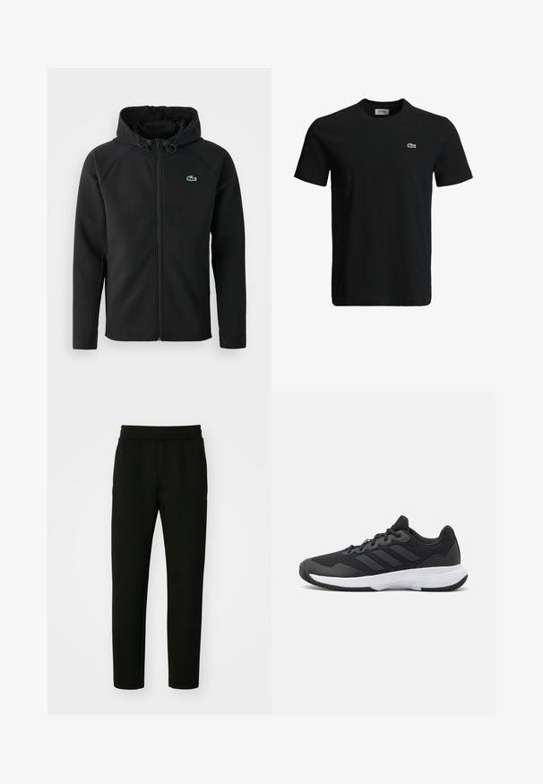 Casaco com capuz preto, feito de tecido macio e elástico. Apresenta um fecho éclair frontal, bolsos laterais e um pequeno logótipo verde da Lacoste no peito.; T-shirt de algodão preto com decote redondo, mangas curtas e um pequeno logotipo de crocodilo verde no lado esquerdo do peito. Textura suave, design casual.; Calças de jogging pretas feitas de um tecido suave e elástico. Apresentam um corte ajustado, cintura elástica e bolsos laterais. Design simples e minimalista.; Sapatilha atlética preta com um upper texturizado, três riscas horizontais e uma sola branca com um padrão de piso. Design leve e aerodinâmico.