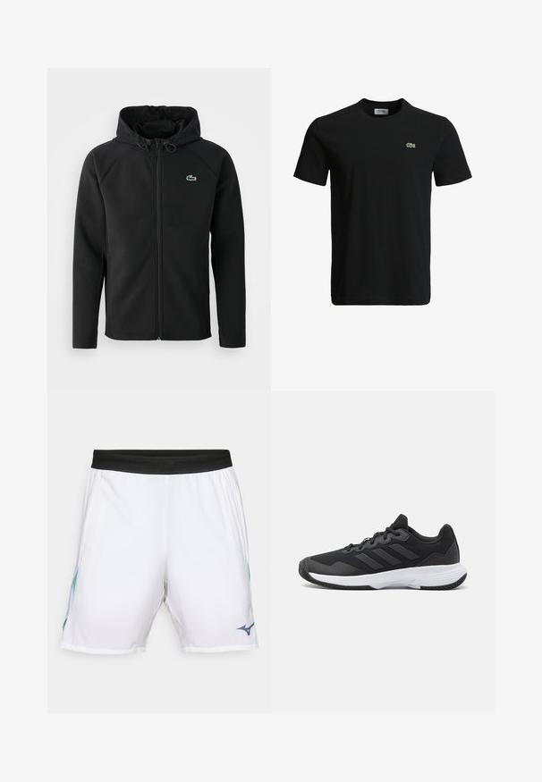 Zwarte hooded jacket, gemaakt van zachte, rekbare stof. Voorzien van een ritssluiting aan de voorkant, zijkerftjes en een klein groen Lacoste-logo op de borst.; Zwart katoenen t-shirt met een ronde hals, korte mouwen en een klein groen krokodillenlogo op de linkerborst. Vloeiende textuur, casual ontwerp.; Witte sportshorts met een zwarte elastische tailleband, voorzien van blauwe en groene gradiëntaccenten aan elke kant en een donker logo gedrukt op de onderzijde rechts.; Zwarte sportieve schoen met een gestructureerde bovenkant, drie horizontale strepen en een witte zool met een gepatternde loopvlak. Lichtgewicht en gestroomlijnd ontwerp.