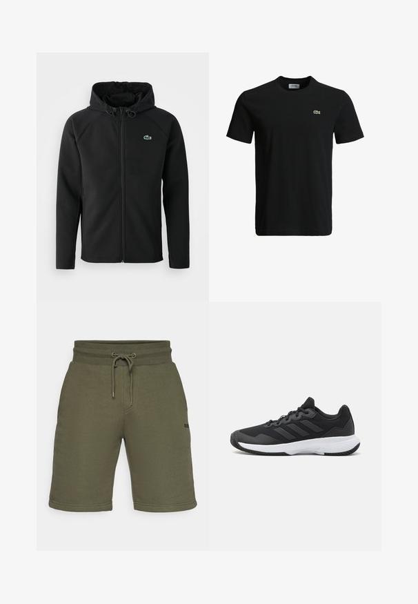 Casaco com capuz preto, feito de tecido macio e elástico. Apresenta um fecho éclair frontal, bolsos laterais e um pequeno logótipo verde da Lacoste no peito.; T-shirt de algodão preto com decote redondo, mangas curtas e um pequeno logotipo de crocodilo verde no lado esquerdo do peito. Textura suave, design casual.; Calções de treino verde-azeitona com um cós elástico, cordão ajustável, bolsos laterais e um pequeno detalhe de logótipo na bainha.; Sapatilha atlética preta com um upper texturizado, três riscas horizontais e uma sola branca com um padrão de piso. Design leve e aerodinâmico.