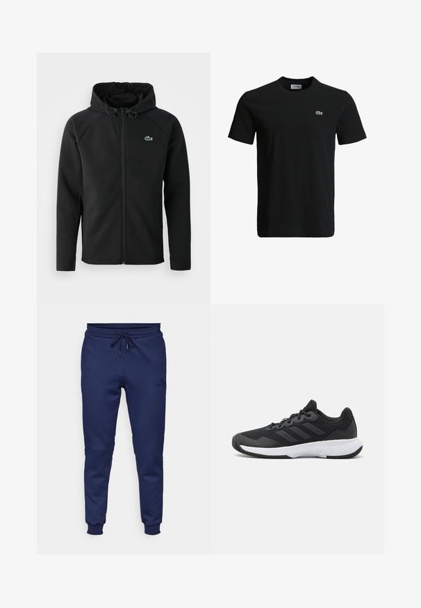 Čierna kapucňová bunda vyrobená z mäkkého a elastického materiálu. Má predný zips, bočné vrecká a malé zelené logo Lacoste na hrudi.; Čierne bavlnené tričko s okrúhlym výstrihom, krátkymi rukávmi a malým zeleným logo krokodíla na ľavej hrudi. Hladká textúra, ležérny dizajn.; Sergio Tacchini MORET PANTS - Tepláky - navy; Čierna atletická topánka s textúrovaným zvrškom, s tromi horizontálnymi pruhmi a bielou podrážkou s vzorovaným profilom. Ľahký a aerodynamický dizajn.