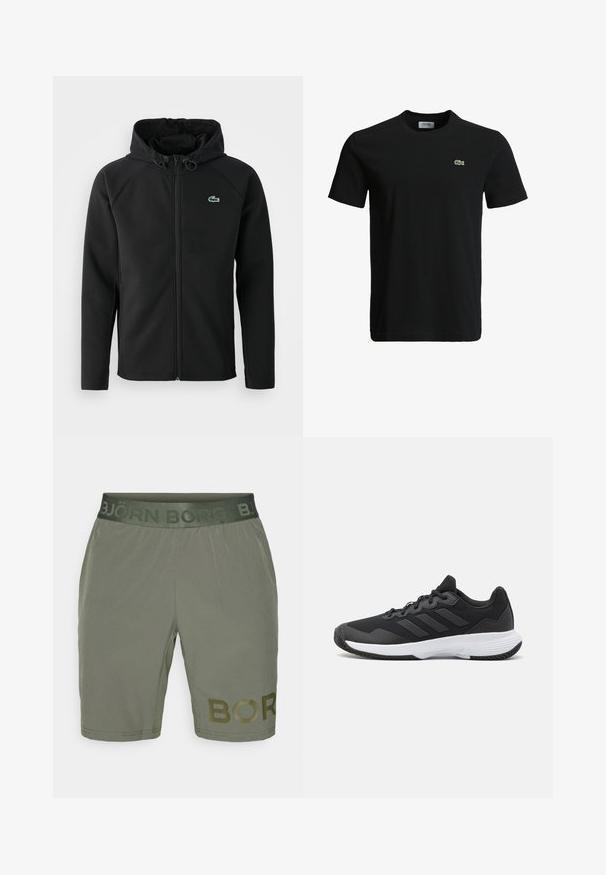 Melnas kapuces jaka, izgatavota no mīksta, stiepjama auduma. Tai ir priekšējais rāvējslēdzis, sānu kabatas un neliels zaļš Lacoste logo krūtīs.; Melna kokvilnas T-krekls ar apaļu kakla izgriezumu, īsām piedurknēm un mazu zaļu krokodila logotipu kreisajā krūtī. Gluda tekstūra, ikdienišķs dizains.; Olīvzaļa sporta šorti ar elastīgu jostu, kam ir reljefā "BJÖRN BORG" uzraksts un liels pastiprināts "BORG" logo sānos.; Melna sporta apavi ar teksturētu virsu, trim horizontālām svītrām un baltu zoli ar rakstainu protektoru. Viegls un plūstošs dizains.