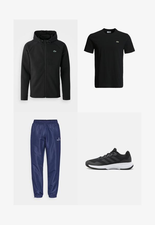 Zwarte hooded jacket, gemaakt van zachte, rekbare stof. Voorzien van een ritssluiting aan de voorkant, zijkerftjes en een klein groen Lacoste-logo op de borst.; Zwart katoenen t-shirt met een ronde hals, korte mouwen en een klein groen krokodillenlogo op de linkerborst. Vloeiende textuur, casual ontwerp.; Marineblauwe sportbroeken met een elastische tailleband en cuffs. Gemaakt van een gladde, lichtgewicht stof. Heeft een klein logo aan de zijkant.; Zwarte sportieve schoen met een gestructureerde bovenkant, drie horizontale strepen en een witte zool met een gepatternde loopvlak. Lichtgewicht en gestroomlijnd ontwerp.