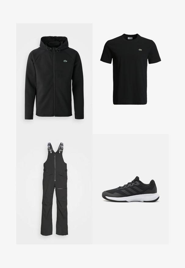 Black hooded jacket, made of soft, stretchy fabric. Features a front zipper, side pockets, and a small, green Lacoste logo on the chest.; Black cotton t-shirt with a crew neck, short sleeves, and a small green crocodile logo on the left chest. Smooth texture, casual design.; Black waterproof bib overalls feature adjustable straps, a front zipper, and multiple pockets, with reinforced leg panels for durability.; Black athletic shoe featuring a textured upper, three horizontal stripes, and a white sole with a patterned tread. Lightweight and streamlined design.