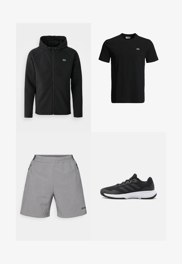 Chaqueta negra con capucha, hecha de una tela suave y elástica. Presenta un zipper frontal, bolsillos laterales y un pequeño logo verde de Lacoste en el pecho.; Camiseta de algodón negra con cuello redondo, mangas cortas y un pequeño logo de cocodrilo verde en el lado izquierdo del pecho. Textura suave, diseño casual.; Pantalones cortos grises de tela texturizada con cinturilla elástica, que cuentan con bolsillos con cremallera y un acento de logo en la parte inferior de la pierna derecha.; Zapatilla deportiva negra con una parte superior texturizada, tres franjas horizontales y una suela blanca con un dibujo en su superficie. Diseño ligero y aerodinámico.