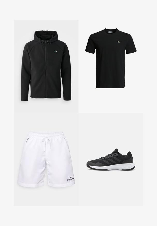Must mustaga jope, mis on valmistatud pehmest ja venivast kangast. Omab eesmist tõmblukku, küljetaskut ning väikest roheline Lacoste logo rinnal.; Must musta T-särk ümarate kaelustega, lühikeste varrukatega ja väikese rohelise krokodilli logoga vasakul rinnal. Sile tekstuur, igapäevane disain.; Valged sportlikud lühikesed püksid elastse vöökoha ja nööriga; külgedel on taskud ja hemil on väike must logo.; Must värvi sportlik king, millel on tekstuuriga pealispind, kolm horisontaalset triipu ja valge põhi mustriga tallaga. Kerge ja voolujooneline disain.