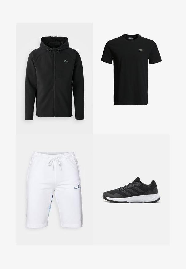 Juodas gobtuvinė striukė, pagaminta iš minkštos, tamprios medžiagos. Su priekiniais užtrauktukais, šoniniais kišenėmis ir mažu žaliu Lacoste logotipu ant krūtinės.; Juodas medvilninis marškinėliai su apvaliu kaklu, trumpomis rankovėmis ir mažu žaliu krokodilo logotipu kairėje krūtinės pusėje. Lygi tekstūra, kasdieniškas dizainas.; Baldai balti šortai su elastiniu juosmeniu ir raišteliu, turintys mėlynus ir šviesiai mėlynus šoninius intarpus bei logotipo detalę tamsiai mėlyna spalva. Minkšta medvilninė medžiaga.; Juodas sportinis batelis su tekstūruota viršutine dalimi, trimis horizontaliomis juostelėmis ir baltu padu su raštuotu protektoriumi. Lengvas ir aerodinamiškas dizainas.