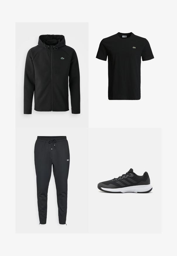 Juodas gobtuvinė striukė, pagaminta iš minkštos, tamprios medžiagos. Su priekiniais užtrauktukais, šoniniais kišenėmis ir mažu žaliu Lacoste logotipu ant krūtinės.; Juodas medvilninis marškinėliai su apvaliu kaklu, trumpomis rankovėmis ir mažu žaliu krokodilo logotipu kairėje krūtinės pusėje. Lygi tekstūra, kasdieniškas dizainas.; Juodos sportinės kelnės, pagamintos iš minkštos medžiagos, su raišteliu liemenyje, šoninėmis kišenėmis ir lieso silueto dizainu, su užtrauktukais ties kulkšnomis.; Juodas sportinis batelis su tekstūruota viršutine dalimi, trimis horizontaliomis juostelėmis ir baltu padu su raštuotu protektoriumi. Lengvas ir aerodinamiškas dizainas.