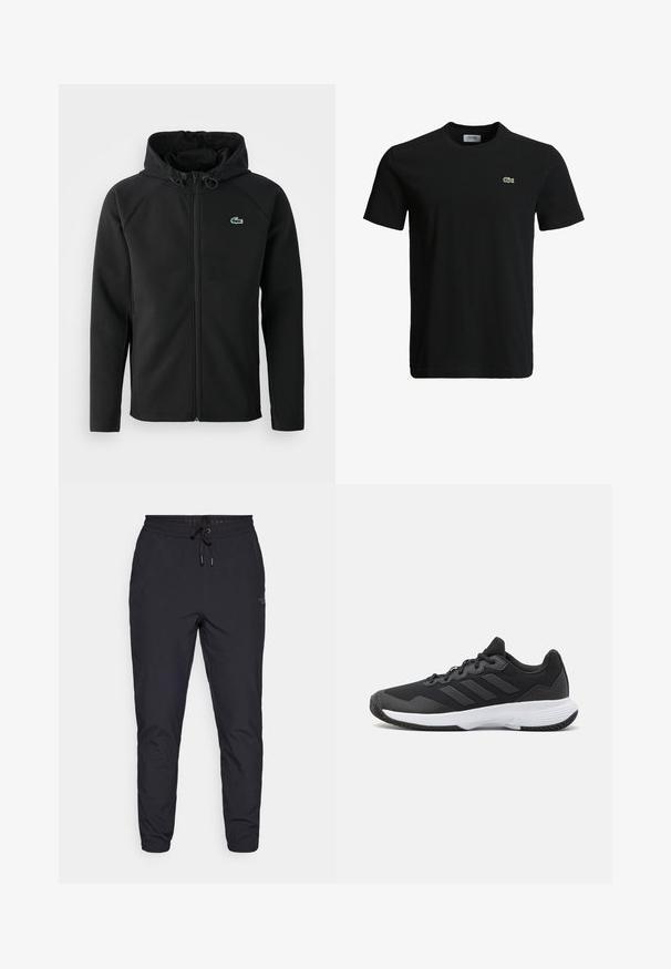 Jachetă neagră cu glugă, fabricată dintr-un material moale și elastic. Are un fermoar frontal, buzunare laterale și un mic logo verde Lacoste pe piept.; Tricou din bumbac negru cu guler rotund, mâneci scurte și un mic logo verde de crocodil pe partea stângă a pieptului. Textură netedă, design casual.; Pantaloni jogging negri din material ușor, cu talie ajustabilă cu șnur, picioare conice și un mic detaliu cu logo pe lateral.; Pantofii sport negri au un material superior texturat, trei dungi orizontale și o talpă albă cu un profil căptușit. Au un design ușor și aerodinamic.