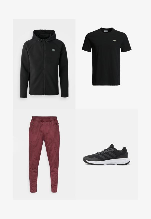 Musta huppari, joka on valmistettu pehmeästä ja joustavasta kankaasta. Siinä on edessä vetoketju, sivutaskut ja pieni vihreä Lacoste-logo rinnassa.; Musta puuvillapaita, jossa on pyöreä kaula-aukko, lyhyet hihat ja pieni vihreä krokotiililogo vasemmassa rinnassa. Sileä kuitu, rento muotoilu.; Viininpunaiset urheiluhousut, joissa on abstrakti musta geometrinen kuvio, joustava vyötärö ja kapeneva muotoilu. Varustettu vetoketjullisilla sivutaskuilla.; Musta urheilukenkä, jossa on teksturoidut päälliset, kolme vaakasuoraa raitaa ja valkoinen pohja, jossa on kuvioitu kulutuspinta. Kevyt ja virtaviivainen muotoilu.