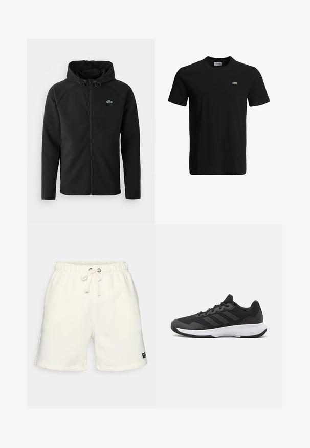 Casaco com capuz preto, feito de tecido macio e elástico. Apresenta um fecho éclair frontal, bolsos laterais e um pequeno logótipo verde da Lacoste no peito.; T-shirt de algodão preto com decote redondo, mangas curtas e um pequeno logotipo de crocodilo verde no lado esquerdo do peito. Textura suave, design casual.; Shorts de algodão bege claro com cintura elástica, fecho com cordão, bolsos laterais e um pequeno rótulo preto perto do hematoma.; Sapatilha atlética preta com um upper texturizado, três riscas horizontais e uma sola branca com um padrão de piso. Design leve e aerodinâmico.