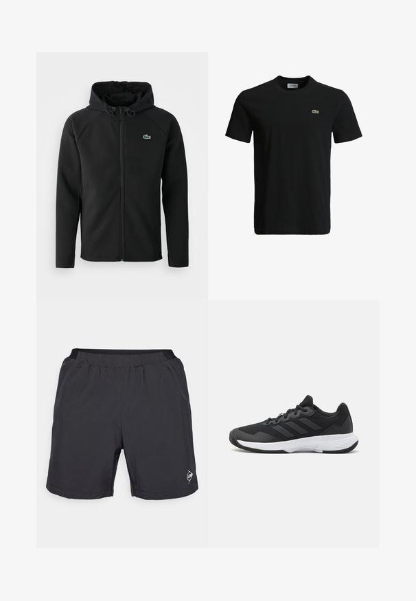 Must mustaga jope, mis on valmistatud pehmest ja venivast kangast. Omab eesmist tõmblukku, küljetaskut ning väikest roheline Lacoste logo rinnal.; Must musta T-särk ümarate kaelustega, lühikeste varrukatega ja väikese rohelise krokodilli logoga vasakul rinnal. Sile tekstuur, igapäevane disain.; Mustad mustris püksid, mis on valmistatud kerge kangaga. Omavad elastset vöökohta ja väikest logo hemmi lähedal. Sile tekstuur, kuni põlve ulatuv pikkus.; Must värvi sportlik king, millel on tekstuuriga pealispind, kolm horisontaalset triipu ja valge põhi mustriga tallaga. Kerge ja voolujooneline disain.