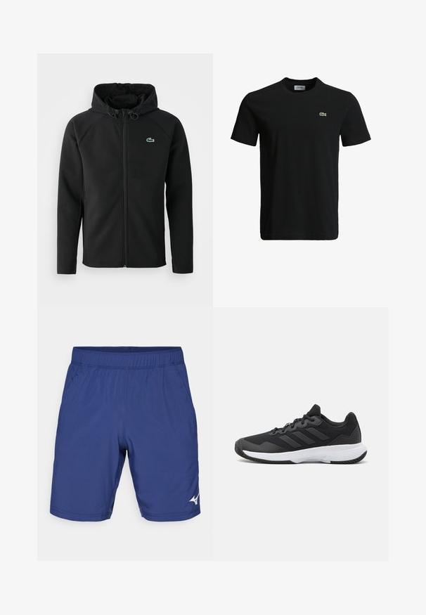 Must mustaga jope, mis on valmistatud pehmest ja venivast kangast. Omab eesmist tõmblukku, küljetaskut ning väikest roheline Lacoste logo rinnal.; Must musta T-särk ümarate kaelustega, lühikeste varrukatega ja väikese rohelise krokodilli logoga vasakul rinnal. Sile tekstuur, igapäevane disain.; Tumed sinine sportlikud lühikesed püksid elastse vöökoha, kahe küljetasku ja valge logo detailiga. Valmistatud kergest sünteetilisest materjalist.; Must värvi sportlik king, millel on tekstuuriga pealispind, kolm horisontaalset triipu ja valge põhi mustriga tallaga. Kerge ja voolujooneline disain.