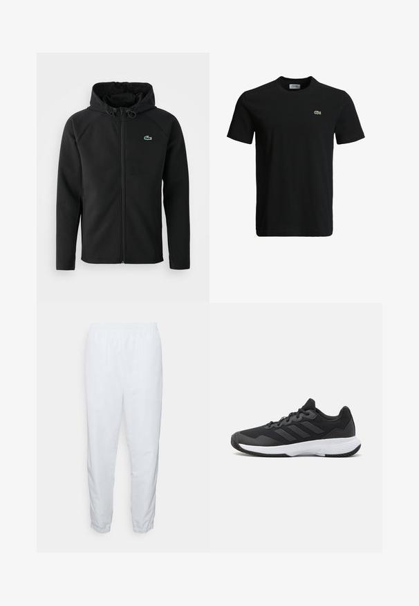 Melnas kapuces jaka, izgatavota no mīksta, stiepjama auduma. Tai ir priekšējais rāvējslēdzis, sānu kabatas un neliels zaļš Lacoste logo krūtīs.; Melna kokvilnas T-krekls ar apaļu kakla izgriezumu, īsām piedurknēm un mazu zaļu krokodila logotipu kreisajā krūtī. Gluda tekstūra, ikdienišķs dizains.; Baltie, viegli, elastīgas jostas bikses ar šauriem bikšu galiem un elastīgām piedurknēm. Gluda tekstūra, bez redzamām rakstu vai piederumu detaļām.; Melna sporta apavi ar teksturētu virsu, trim horizontālām svītrām un baltu zoli ar rakstainu protektoru. Viegls un plūstošs dizains.