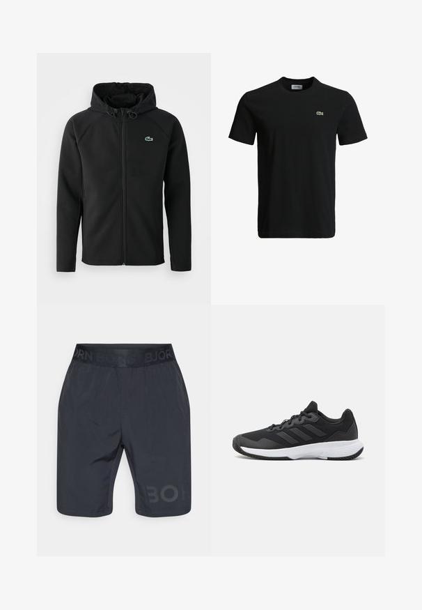 Melnas kapuces jaka, izgatavota no mīksta, stiepjama auduma. Tai ir priekšējais rāvējslēdzis, sānu kabatas un neliels zaļš Lacoste logo krūtīs.; Melna kokvilnas T-krekls ar apaļu kakla izgriezumu, īsām piedurknēm un mazu zaļu krokodila logotipu kreisajā krūtī. Gluda tekstūra, ikdienišķs dizains.; Melni sporta šorti ar elastīgu jostu, kas lepojas ar smalku izcilu logo. Izgatavoti no viegla auduma ar gludu tekstūru.; Melna sporta apavi ar teksturētu virsu, trim horizontālām svītrām un baltu zoli ar rakstainu protektoru. Viegls un plūstošs dizains.