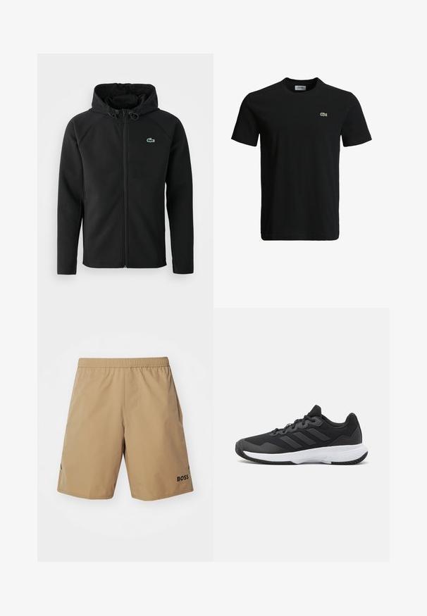 Czarna hoodie, wykonana z miękkiego, elastycznego materiału. Posiada zamek błyskawiczny z przodu, boczne kieszenie oraz małe, zielone logo Lacoste na klatce piersiowej.; Czarny bawełniany t-shirt z okrągłym dekoltem, krótkimi rękawami i małym zielonym logo krokodyla po lewej stronie klatki piersiowej. Gładka tekstura, casualowy design.; Khaki szorty z elastycznym pasem, kieszeniami bocznymi oraz czarnym logo "BOSS". Wykonane z gładkiego, lekkiego materiału o prostym kroju.; Czarne buty sportowe z teksturowaną cholewką, trzema poziomymi paskami i białą podeszwą z wzorzystym bieżnikiem. Lekka i aerodynamiczna konstrukcja.