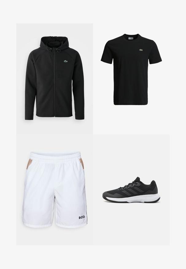 Chaqueta negra con capucha, hecha de una tela suave y elástica. Presenta un zipper frontal, bolsillos laterales y un pequeño logo verde de Lacoste en el pecho.; Camiseta de algodón negra con cuello redondo, mangas cortas y un pequeño logo de cocodrilo verde en el lado izquierdo del pecho. Textura suave, diseño casual.; Bañador blanco con cintura elástica, dos bolsillos laterales con un acento en color marrón y un pequeño logo negro en la parte inferior de la pierna derecha.; Zapatilla deportiva negra con una parte superior texturizada, tres franjas horizontales y una suela blanca con un dibujo en su superficie. Diseño ligero y aerodinámico.