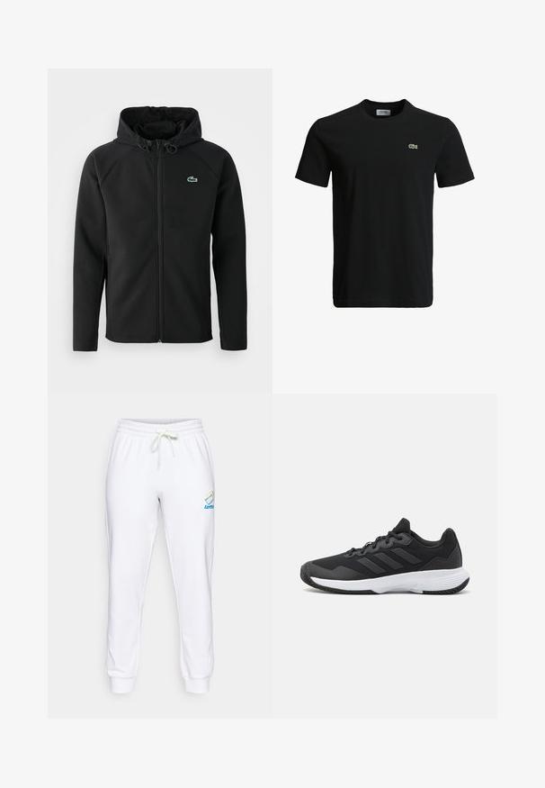 Sort hættejakke lavet af blødt, strækbart stof. Den har en frontlynlås, sidelommer og et lille grønt Lacoste-logo på brystet.; Sort bomulds T-shirt med rund halsudskæring, korte ærmer og et lille grønt krokodille-logo på venstre bryst. Glat tekstur, afslappet design.; Hvide bomulds sweatpants med elastisk talje, justerbar snor og logo detaljer i blå og regnbuefarver på venstre lår.; Sort atletisk sko med en struktureret overdel, tre vandrette striber og en hvid sål med et mønstret slidbane. Letvægts- og strømlinet design.