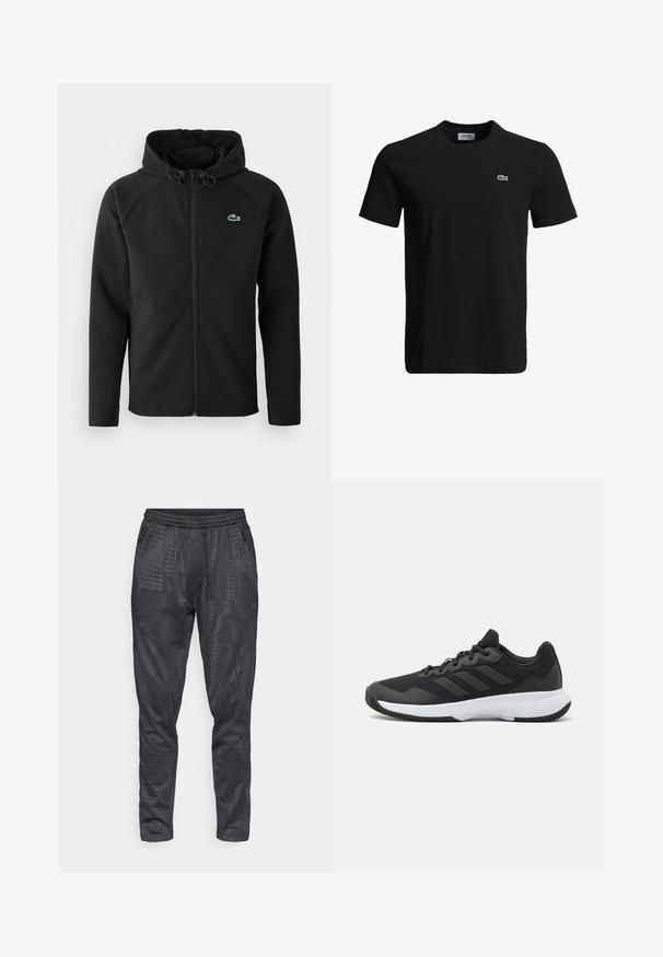 Čierna kapucňová bunda vyrobená z mäkkého a elastického materiálu. Má predný zips, bočné vrecká a malé zelené logo Lacoste na hrudi.; Čierne bavlnené tričko s okrúhlym výstrihom, krátkymi rukávmi a malým zeleným logo krokodíla na ľavej hrudi. Hladká textúra, ležérny dizajn.; Nohavice s elastickým pásom v tmavosivej látke s geometrickým vzorom a dvomi bočnými zipsovými vreckami. Zúžený strih nôh s hladkou textúrou.; Čierna atletická topánka s textúrovaným zvrškom, s tromi horizontálnymi pruhmi a bielou podrážkou s vzorovaným profilom. Ľahký a aerodynamický dizajn.