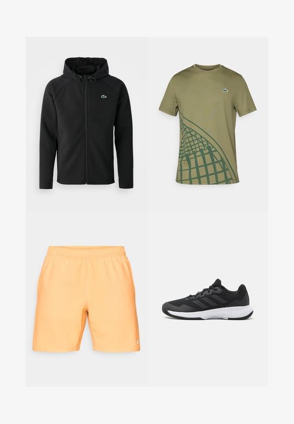 Juodas gobtuvinė striukė, pagaminta iš minkštos, tamprios medžiagos. Su priekiniais užtrauktukais, šoniniais kišenėmis ir mažu žaliu Lacoste logotipu ant krūtinės.; Olivinės žalios spalvos marškinėliai, pagaminti iš lygios medžiagos, su žaliu geometriniu raštu vienoje pusėje ir mažu Lacoste logotipu ant krūtinės.; Trumpai pagaminti iš lengvo, glotnaus audinio šviesiai oranžinės spalvos, su elastine juostos juosmenyje ir šoninėmis kišenėmis; apatiniame dešiniajame kampe yra nedidelis logotipas.; Juodas sportinis batelis su tekstūruota viršutine dalimi, trimis horizontaliomis juostelėmis ir baltu padu su raštuotu protektoriumi. Lengvas ir aerodinamiškas dizainas.