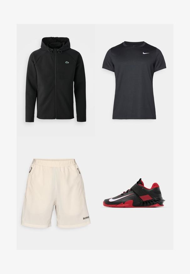 Melnas kapuces jaka, izgatavota no mīksta, stiepjama auduma. Tai ir priekšējais rāvējslēdzis, sānu kabatas un neliels zaļš Lacoste logo krūtīs.; Melnā Nike sporta t-krekls ar īsām piedurknēm, apaļu kaklu, gludu tekstūru un baltu logo augšējā kreisajā stūrī.; Björn Borg ZIP SHORTS - Sporta šorti - birch; Melnas un sarkanas sporta kedas ar elegantu dizainu, teksturētu sietu augšdaļu, izturīgu gumijas zoli un izteiksmīgu baltu logotipa akcentu.