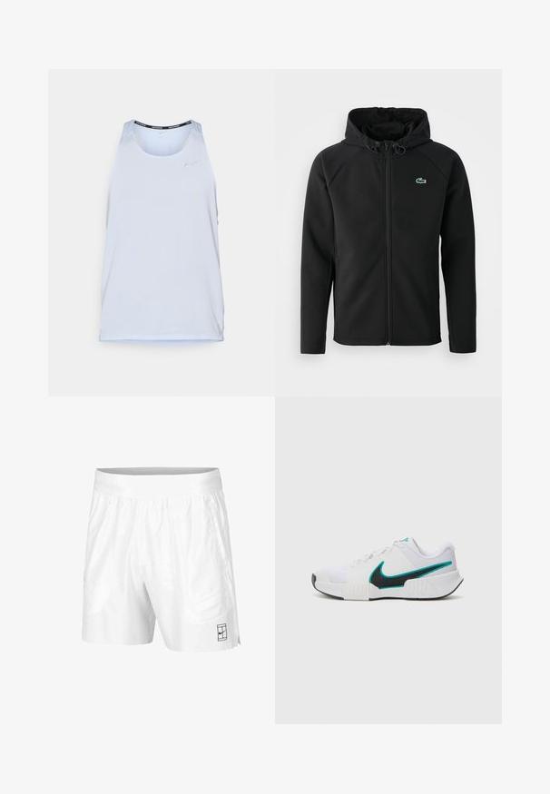 Casaco com capuz preto, feito de tecido macio e elástico. Apresenta um fecho éclair frontal, bolsos laterais e um pequeno logótipo verde da Lacoste no peito.; Top atlético azul claro com um tecido respirável e perfurado, apresentando um decote redondo e um detalhe preto ao longo da gola.; Calções atléticos brancos feitos de um tecido leve com um cós elástico, apresentando dois bolsos laterais e um pequeno logotipo preto na bainha.; Tênis atlético branco com parte superior em malha texturizada, solado de borracha preta e detalhe em swoosh Nike teal. Apresenta cadarços e colarinho acolchoado.