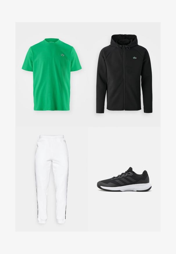 Svart hettejakke laget av myk, elastisk stoff. Har frontglidning, sidelommer og en liten grønn Lacoste-logo på brystet.; Grønn bomull t-skjorte med rund hals, korte ermer og en svart brodert logo på venstre bryst. Glatt tekstur, avslappet passform.; Hvite joggebukser med elastisk midje, med svarte sidestriper og mansjetter. Laget av myk stoff med en glatt tekstur.; Svart idrettssko med teksturert overdel, tre horisontale striper, og en hvit såle med mønstret gummibunn. Lettvekts og strømlinjeformet design.