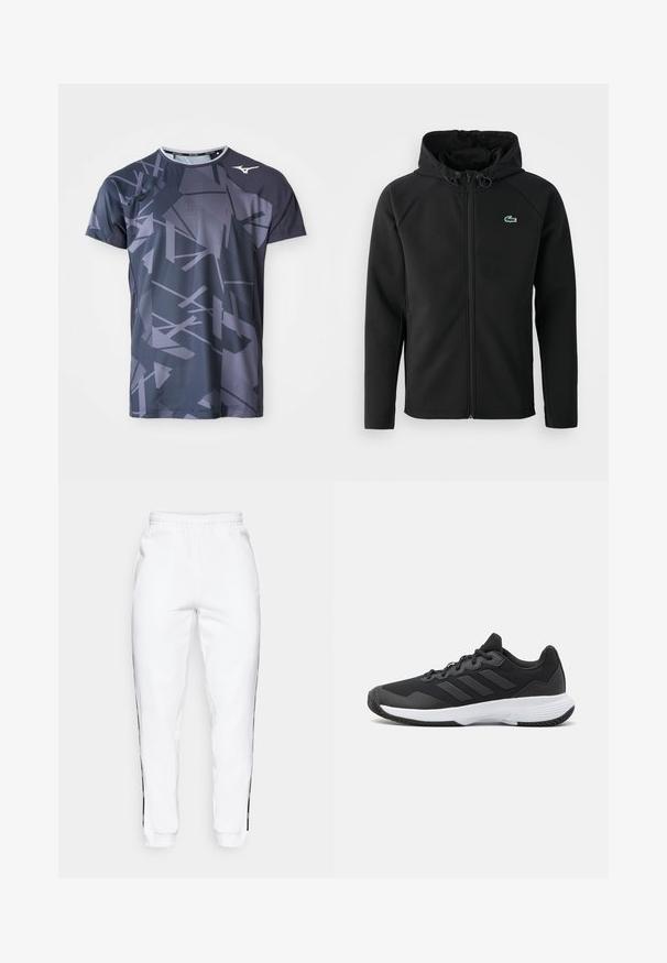 Jachetă neagră cu glugă, fabricată dintr-un material moale și elastic. Are un fermoar frontal, buzunare laterale și un mic logo verde Lacoste pe piept.; Tricou sportiv dintr-un material ușor, având o bază gri închis cu modele geometrice abstracte în gri deschis și un design cu gât rotund.; Pantaloni de trening albi cu talie elastică, având dungi laterale negre și manșete. Realizați dintr-un material moale cu o textură netedă.; Pantofii sport negri au un material superior texturat, trei dungi orizontale și o talpă albă cu un profil căptușit. Au un design ușor și aerodinamic.