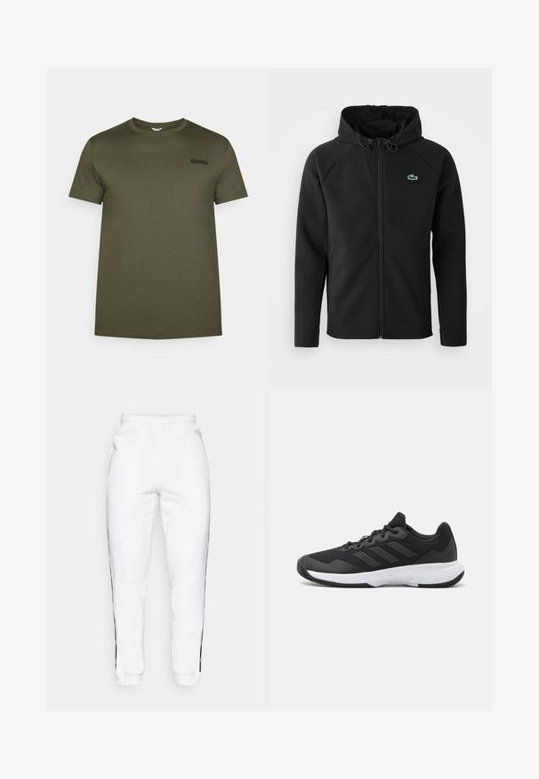Jachetă neagră cu glugă, fabricată dintr-un material moale și elastic. Are un fermoar frontal, buzunare laterale și un mic logo verde Lacoste pe piept.; Tricou din bumbac de culoare verde măslinie, cu guler rotund, mâneci scurte și broderie subtilă de culoare neagră cuvântul "BORG" pe piept.; Pantaloni de trening albi cu talie elastică, având dungi laterale negre și manșete. Realizați dintr-un material moale cu o textură netedă.; Pantofii sport negri au un material superior texturat, trei dungi orizontale și o talpă albă cu un profil căptușit. Au un design ușor și aerodinamic.