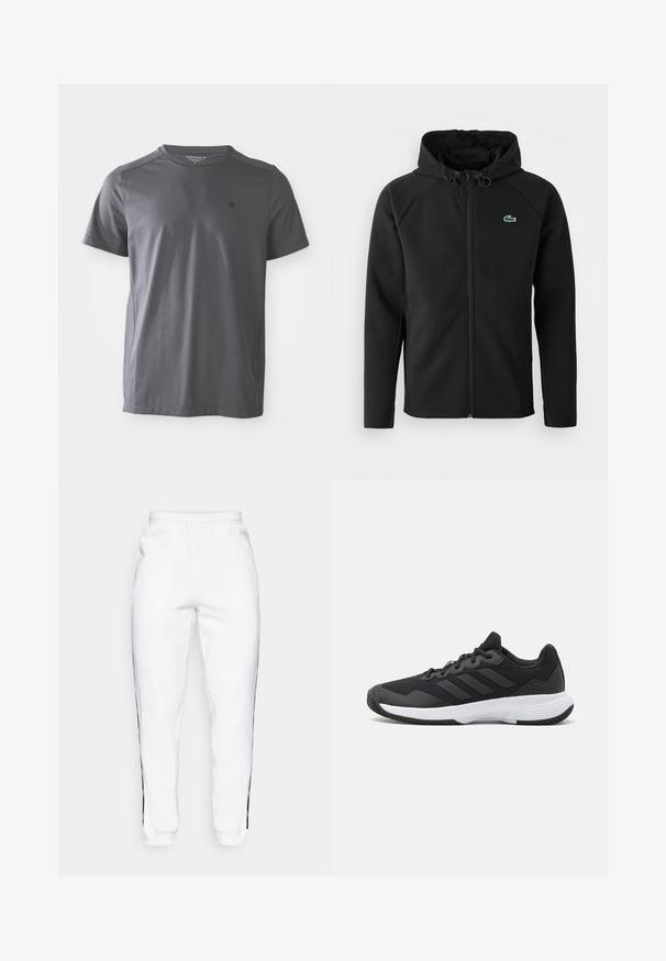 Chaqueta negra con capucha, hecha de una tela suave y elástica. Presenta un zipper frontal, bolsillos laterales y un pequeño logo verde de Lacoste en el pecho.; Camiseta de manga corta en gris oscuro con cuello redondo y pequeño logo en el lado izquierdo del pecho, mostrada contra un fondo blanco.; Pantalones de chándal blancos con cintura elástica, que cuentan con franjas laterales negras y puños. Hechos de un tejido suave con una textura lisa.; Zapatilla deportiva negra con una parte superior texturizada, tres franjas horizontales y una suela blanca con un dibujo en su superficie. Diseño ligero y aerodinámico.
