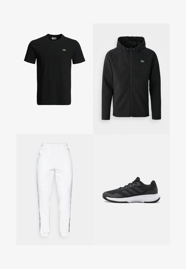 Svart hettejakke laget av myk, elastisk stoff. Har frontglidning, sidelommer og en liten grønn Lacoste-logo på brystet.; Svart bomulls T-skjorte med rund hals, korte ermer, og en liten grønn krokodille-logo på venstre bryst. Glatt tekstur, uformelt design.; Hvite joggebukser med elastisk midje, med svarte sidestriper og mansjetter. Laget av myk stoff med en glatt tekstur.; Svart idrettssko med teksturert overdel, tre horisontale striper, og en hvit såle med mønstret gummibunn. Lettvekts og strømlinjeformet design.