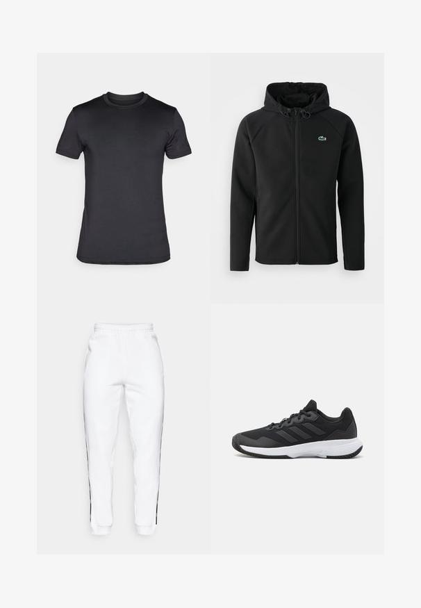 Černá kapucová bunda vyrobená z měkké, elastické látky. Má přední zip, boční kapsy a malé zelené logo Lacoste na prsou.; Černé tričko s krátkým rukávem vyrobené z hladkého materiálu. Klasický kulatý výstřih s jemným logem na levém rukávu.; Bílé tepláky s elastickým pasem, zdobené černými bočními pruhy a manžetami. Vyrobené z měkké tkaniny s hladkým povrchem.; Černá sportovní obuv s texturovaným svrškem, třemi vodorovnými pruhy a bílou podrážkou s vzorovaným profilem. Lehký a aerodynamický design.