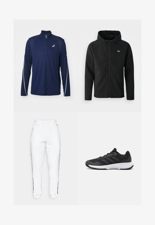 Schwarze Kapuzenjacke aus weichem, dehnbarem Stoff. Verfügt über einen Reißverschluss an der Vorderseite, seitliche Taschen und ein kleines, grünes Lacoste-Logo auf der Brust.; Marineblaues Langarmshirt mit einem Halbreißverschluss-Kragen, ausgestattet mit hellgrauen Akzenten entlang der Schultern und Ärmel, aus feuchtigkeitsableitendem Stoff.; Weiße Jogginghose mit elastischem Bund, versehen mit schwarzen Streifen an den Seiten und Bündchen. Hergestellt aus weichem Stoff mit glatter Textur.; Schwarzer Sportschuh mit strukturiertem Obermaterial, drei horizontalen Streifen und einer weißen Sohle mit einem gemusterten Profil. Leicht und schlank im Design.