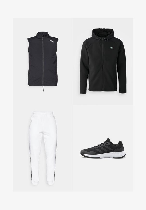 Juodas gobtuvinė striukė, pagaminta iš minkštos, tamprios medžiagos. Su priekiniais užtrauktukais, šoniniais kišenėmis ir mažu žaliu Lacoste logotipu ant krūtinės.; POC PRO THERMAL VEST - Dviratininko marškinėliai - uranium black; Baltos sportinės kelnės su elastinga juosmena, turinčios juodas šonines juosteles ir rankogalius. Pagamintos iš minkštos medžiagos su lygia tekstūra.; Juodas sportinis batelis su tekstūruota viršutine dalimi, trimis horizontaliomis juostelėmis ir baltu padu su raštuotu protektoriumi. Lengvas ir aerodinamiškas dizainas.