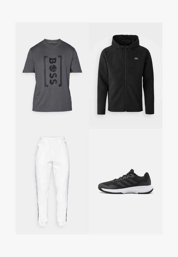 Černá kapucová bunda vyrobená z měkké, elastické látky. Má přední zip, boční kapsy a malé zelené logo Lacoste na prsou.; Šedé bavlněné tričko s texturovaným logem "BOSS" v černé barvě. Krátké rukávy, kulatý výstřih a měkká tkanina s jemným leskem.; Bílé tepláky s elastickým pasem, zdobené černými bočními pruhy a manžetami. Vyrobené z měkké tkaniny s hladkým povrchem.; Černá sportovní obuv s texturovaným svrškem, třemi vodorovnými pruhy a bílou podrážkou s vzorovaným profilem. Lehký a aerodynamický design.