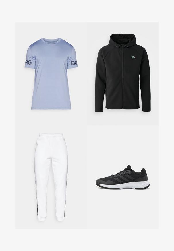 Musta huppari, joka on valmistettu pehmeästä ja joustavasta kankaasta. Siinä on edessä vetoketju, sivutaskut ja pieni vihreä Lacoste-logo rinnassa.; Vaaleansininen t-paita, joka on valmistettu sileästä kankaasta. Pyöreä kaula-aukko ja lyhyet hihat. Vasemmassa hihassa on tummansinisellä väritetty "BORG"-logo.; Valkoiset collegehousut, joissa on joustava vyötärö ja mustat sivuraidat sekä hihansuut. Ne ovat valmistettu pehmeästä kankaasta, jolla on sileä pinta.; Musta urheilukenkä, jossa on teksturoidut päälliset, kolme vaakasuoraa raitaa ja valkoinen pohja, jossa on kuvioitu kulutuspinta. Kevyt ja virtaviivainen muotoilu.