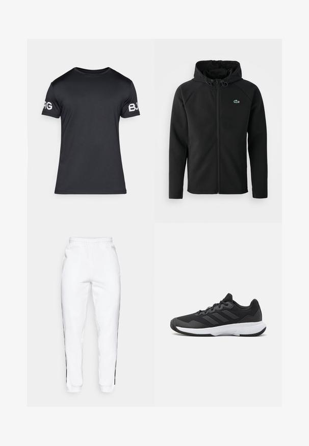 Must mustaga jope, mis on valmistatud pehmest ja venivast kangast. Omab eesmist tõmblukku, küljetaskut ning väikest roheline Lacoste logo rinnal.; Must mustärg t-särk lühikeste varrukatega, valmistatud siledast kangast. Omab ümmargust kaelust ja valget "BORG" teksti vasakul varrukal. Lihtne, keha ligi ulatuv disain.; Valged dressipüksid elastse vöökoha ja mustade külgtriipudega. Valmistatud pehmest kangast, millel on sile tekstuur.; Must värvi sportlik king, millel on tekstuuriga pealispind, kolm horisontaalset triipu ja valge põhi mustriga tallaga. Kerge ja voolujooneline disain.