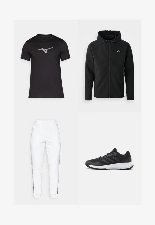Juodas gobtuvinė striukė, pagaminta iš minkštos, tamprios medžiagos. Su priekiniais užtrauktukais, šoniniais kišenėmis ir mažu žaliu Lacoste logotipu ant krūtinės.; Juodas sportinis marškinėliai, pagaminti iš lengvos medžiagos. Yra sidabrinis logotipas priekyje, trumpomis rankovėmis ir apvaliu kaklu.; Baltos sportinės kelnės su elastinga juosmena, turinčios juodas šonines juosteles ir rankogalius. Pagamintos iš minkštos medžiagos su lygia tekstūra.; Juodas sportinis batelis su tekstūruota viršutine dalimi, trimis horizontaliomis juostelėmis ir baltu padu su raštuotu protektoriumi. Lengvas ir aerodinamiškas dizainas.