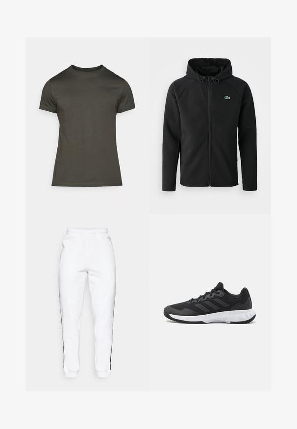 Sort hættejakke lavet af blødt, strækbart stof. Den har en frontlynlås, sidelommer og et lille grønt Lacoste-logo på brystet.; Mørkeolivengrønt t-shirt, korte ærmer, rund hals, lavet af blød bomuld med et subtilt logo trykt på forsiden. Glat tekstur, afslappet pasform.; Hvide sweatsbukser med elastisk talje, udstyret med sorte sidestriber og manchetter. Lavet af blødt stof med en glat tekstur.; Sort atletisk sko med en struktureret overdel, tre vandrette striber og en hvid sål med et mønstret slidbane. Letvægts- og strømlinet design.