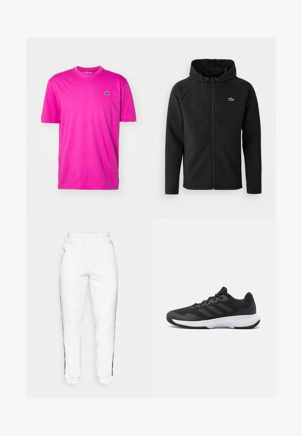 Svart hettejakke laget av myk, elastisk stoff. Har frontglidning, sidelommer og en liten grønn Lacoste-logo på brystet.; Kortermet t-skjorte i lys rosa bomull, rund hals, med en liten grønn Lacoste-logo på venstre bryst. Myk, glatt tekstur.; Hvite joggebukser med elastisk midje, med svarte sidestriper og mansjetter. Laget av myk stoff med en glatt tekstur.; Svart idrettssko med teksturert overdel, tre horisontale striper, og en hvit såle med mønstret gummibunn. Lettvekts og strømlinjeformet design.