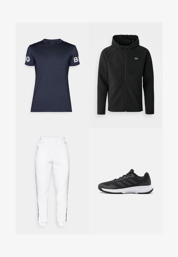Juodas gobtuvinė striukė, pagaminta iš minkštos, tamprios medžiagos. Su priekiniais užtrauktukais, šoniniais kišenėmis ir mažu žaliu Lacoste logotipu ant krūtinės.; Tamsiai mėlyna, trumpomis rankovėmis sportinė marškinė su apvaliu kaklu; su baltomis logotipo detalėmis ant abiejų rankovių ir lygiu, tampri tekstūra.; Baltos sportinės kelnės su elastinga juosmena, turinčios juodas šonines juosteles ir rankogalius. Pagamintos iš minkštos medžiagos su lygia tekstūra.; Juodas sportinis batelis su tekstūruota viršutine dalimi, trimis horizontaliomis juostelėmis ir baltu padu su raštuotu protektoriumi. Lengvas ir aerodinamiškas dizainas.