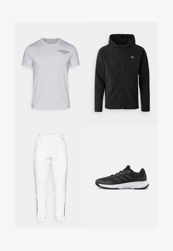 Casaco com capuz preto, feito de tecido macio e elástico. Apresenta um fecho éclair frontal, bolsos laterais e um pequeno logótipo verde da Lacoste no peito.; T-shirt de algodão cinza claro com mangas curtas e decote redondo. Logótipo preto impresso na parte superior esquerda do peito.; Calças de treino brancas com cintura elástica, apresentando riscas pretas nas laterais e punhos. Feitas de um tecido suave com uma textura lisa.; Sapatilha atlética preta com um upper texturizado, três riscas horizontais e uma sola branca com um padrão de piso. Design leve e aerodinâmico.