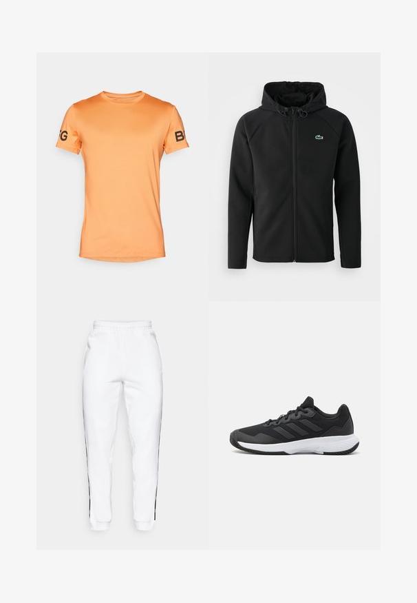 Juodas gobtuvinė striukė, pagaminta iš minkštos, tamprios medžiagos. Su priekiniais užtrauktukais, šoniniais kišenėmis ir mažu žaliu Lacoste logotipu ant krūtinės.; Šviesiai oranžinės spalvos trumpas rankovėmis marškinėliai, lygus paviršius, apvalus kaklas, su juodu užrašu "BFG" kairėje rankovėje.; Baltos sportinės kelnės su elastinga juosmena, turinčios juodas šonines juosteles ir rankogalius. Pagamintos iš minkštos medžiagos su lygia tekstūra.; Juodas sportinis batelis su tekstūruota viršutine dalimi, trimis horizontaliomis juostelėmis ir baltu padu su raštuotu protektoriumi. Lengvas ir aerodinamiškas dizainas.