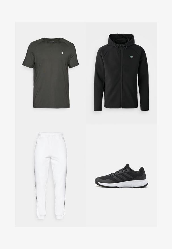 Musta huppari, joka on valmistettu pehmeästä ja joustavasta kankaasta. Siinä on edessä vetoketju, sivutaskut ja pieni vihreä Lacoste-logo rinnassa.; T-paita tummanharmaata lyhythihaista urheiluvaatetta, joka on valmistettu hengittävästä kankaasta. Ominaisuuksiin kuuluu pyöreä kaula-aukko ja pieni valkoinen logo vasemmassa rinnassa.; Valkoiset collegehousut, joissa on joustava vyötärö ja mustat sivuraidat sekä hihansuut. Ne ovat valmistettu pehmeästä kankaasta, jolla on sileä pinta.; Musta urheilukenkä, jossa on teksturoidut päälliset, kolme vaakasuoraa raitaa ja valkoinen pohja, jossa on kuvioitu kulutuspinta. Kevyt ja virtaviivainen muotoilu.