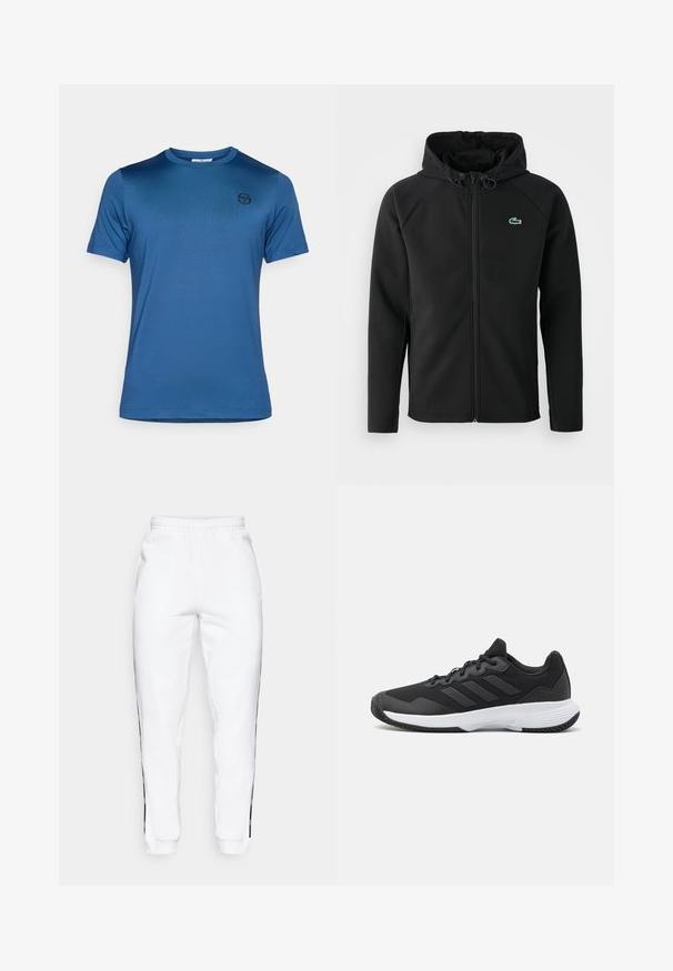 Juodas gobtuvinė striukė, pagaminta iš minkštos, tamprios medžiagos. Su priekiniais užtrauktukais, šoniniais kišenėmis ir mažu žaliu Lacoste logotipu ant krūtinės.; Mėlynas trumpomis rankovėmis marškinėlis iš lengvo audinio. Turi apvalią iškirptę ir mažą juodą logotipą kairėje krūtinės pusėje. Lygus paviršius.; Baltos sportinės kelnės su elastinga juosmena, turinčios juodas šonines juosteles ir rankogalius. Pagamintos iš minkštos medžiagos su lygia tekstūra.; Juodas sportinis batelis su tekstūruota viršutine dalimi, trimis horizontaliomis juostelėmis ir baltu padu su raštuotu protektoriumi. Lengvas ir aerodinamiškas dizainas.