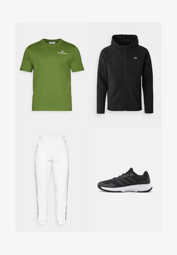 Čierna kapucňová bunda vyrobená z mäkkého a elastického materiálu. Má predný zips, bočné vrecká a malé zelené logo Lacoste na hrudi.; Zelené tričko s krátkym rukávom vyrobené z jemnej bavlny, s okrúhlym výstrihom a bielym logom na ľavej strane hrudníka.; Biele teplákové nohavice s elastickým pásom, s čiernymi bočnými pruhmi a manžetami. Vyrobené z mäkkej tkaniny s hladkým povrchom.; Čierna atletická topánka s textúrovaným zvrškom, s tromi horizontálnymi pruhmi a bielou podrážkou s vzorovaným profilom. Ľahký a aerodynamický dizajn.