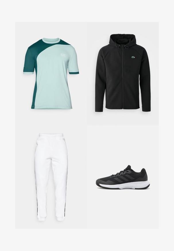 Černá kapucová bunda vyrobená z měkké, elastické látky. Má přední zip, boční kapsy a malé zelené logo Lacoste na prsou.; Krátký rukáv atletického trička ve světle mátové a tmavě tyrkysové barvě. Obsahuje zakřivený barevný blok, kulatý výstřih a logo EA7 na hrudi.; Bílé tepláky s elastickým pasem, zdobené černými bočními pruhy a manžetami. Vyrobené z měkké tkaniny s hladkým povrchem.; Černá sportovní obuv s texturovaným svrškem, třemi vodorovnými pruhy a bílou podrážkou s vzorovaným profilem. Lehký a aerodynamický design.