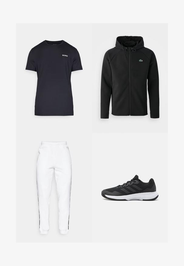 Musta huppari, joka on valmistettu pehmeästä ja joustavasta kankaasta. Siinä on edessä vetoketju, sivutaskut ja pieni vihreä Lacoste-logo rinnassa.; Mustapaita, joka on valmistettu pehmeästä kankaasta, jossa on pyöreä pääntie ja lyhyet hihat. Vasemmassa rinnassa valkoinen "BORG" logo.; Valkoiset collegehousut, joissa on joustava vyötärö ja mustat sivuraidat sekä hihansuut. Ne ovat valmistettu pehmeästä kankaasta, jolla on sileä pinta.; Musta urheilukenkä, jossa on teksturoidut päälliset, kolme vaakasuoraa raitaa ja valkoinen pohja, jossa on kuvioitu kulutuspinta. Kevyt ja virtaviivainen muotoilu.