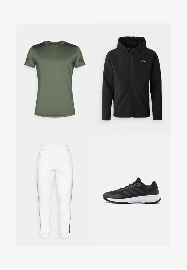 Must mustaga jope, mis on valmistatud pehmest ja venivast kangast. Omab eesmist tõmblukku, küljetaskut ning väikest roheline Lacoste logo rinnal.; Oliivroheline lühikeste varrukatega T-särk sujuvast ja kergest kangast. Omab ümarat kaelust ja vasakul varrukal kontrastset "B" logo.; Valged dressipüksid elastse vöökoha ja mustade külgtriipudega. Valmistatud pehmest kangast, millel on sile tekstuur.; Must värvi sportlik king, millel on tekstuuriga pealispind, kolm horisontaalset triipu ja valge põhi mustriga tallaga. Kerge ja voolujooneline disain.