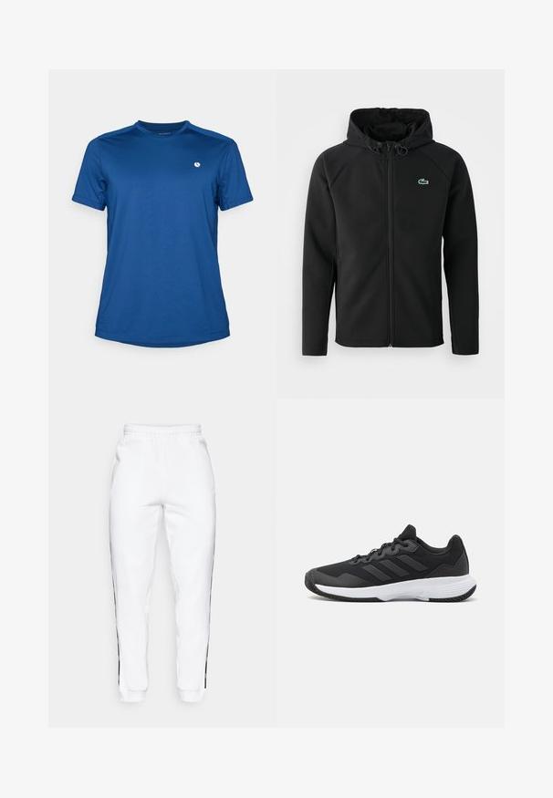 Svart hettejakke laget av myk, elastisk stoff. Har frontglidning, sidelommer og en liten grønn Lacoste-logo på brystet.; Blå kortermet t-skjorte laget av lett stoff, med rund hals og en liten hvit logo på øvre venstre bryst.; Hvite joggebukser med elastisk midje, med svarte sidestriper og mansjetter. Laget av myk stoff med en glatt tekstur.; Svart idrettssko med teksturert overdel, tre horisontale striper, og en hvit såle med mønstret gummibunn. Lettvekts og strømlinjeformet design.